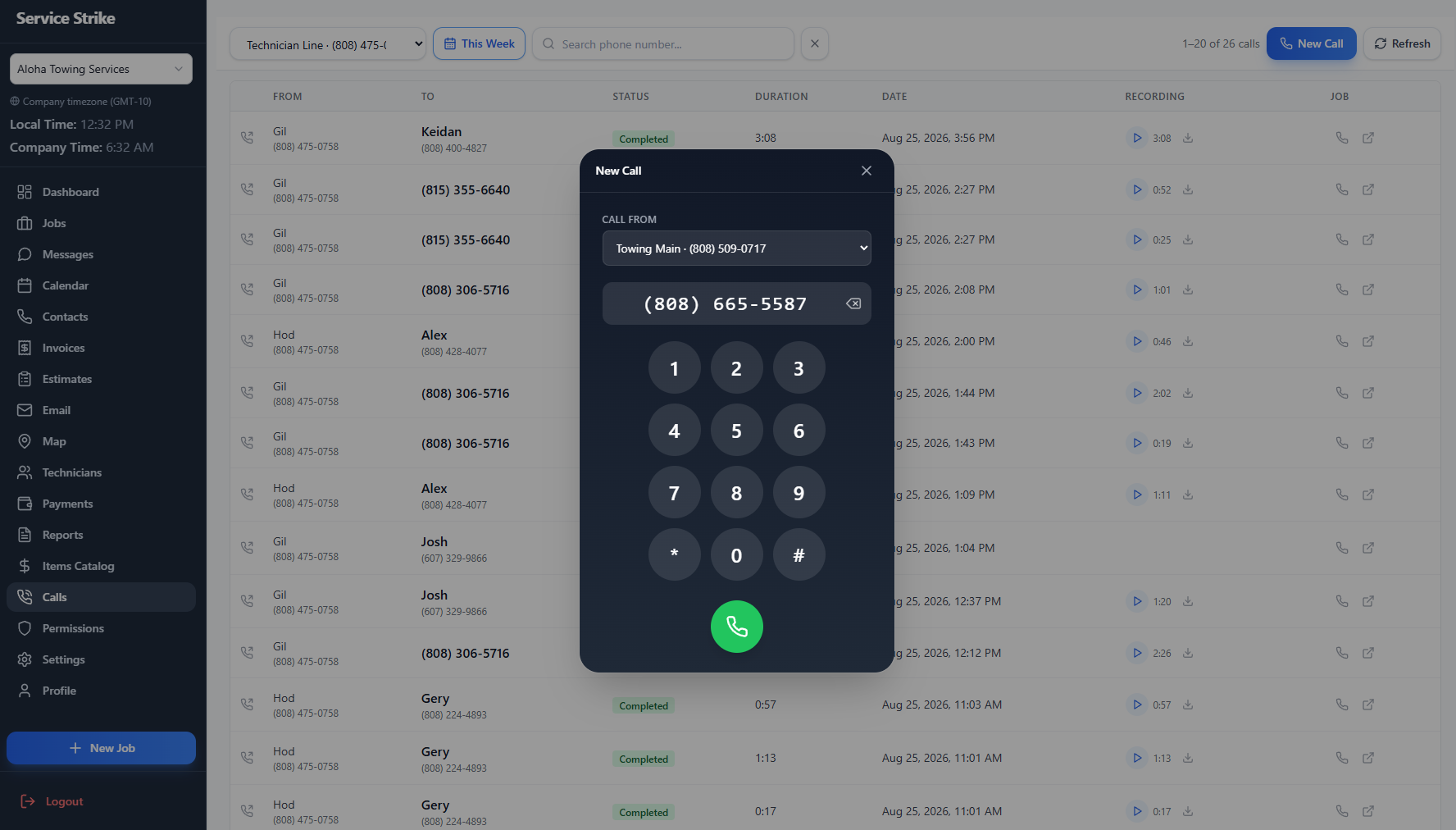 Service Strike new call dialer and phone number selection