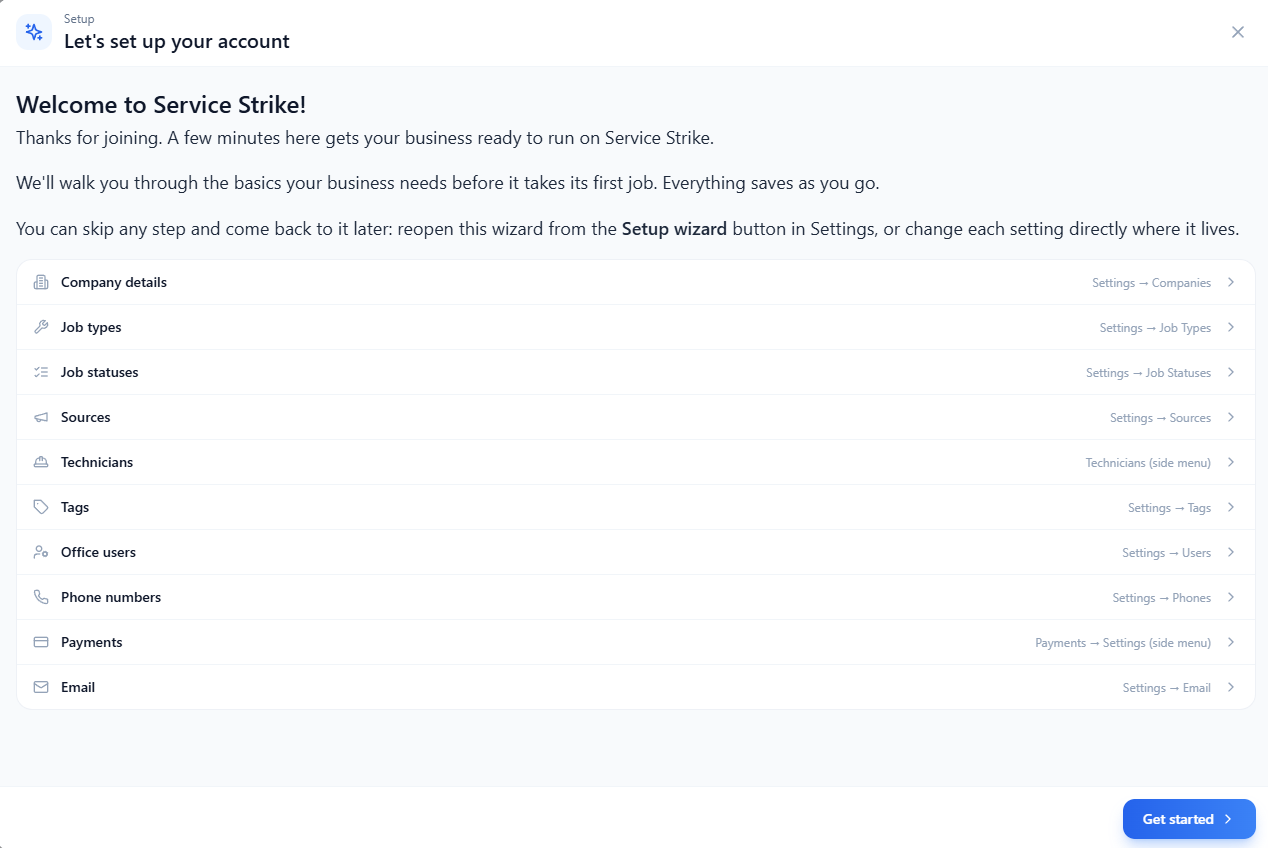 Service Strike Setup Wizard checklist for setting up a new account