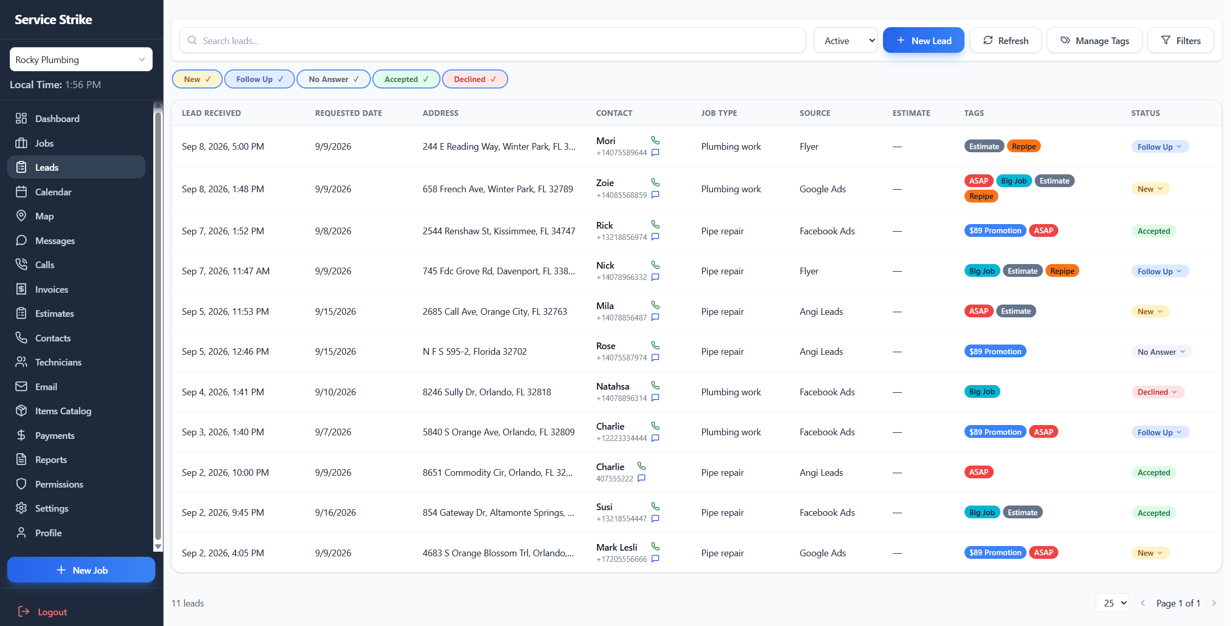 Service Strike leads management screen